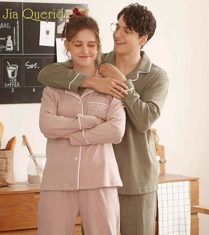 

J&Q Womens Pajamas 2019 Spring New Stylish Home Wear Men and Women Couple Pajama Set Solid Pink Cardigan Sleepwear 2 Pcs Pj Set