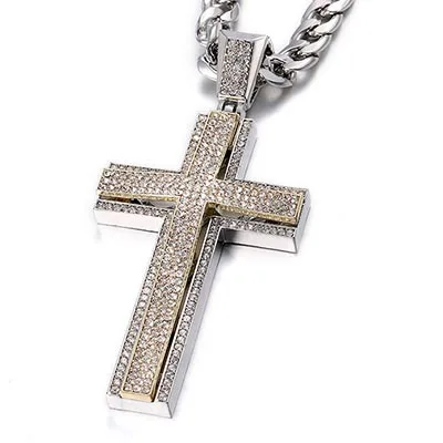 Двойной слой с крестом, ожерелье и кулон для мужчин, со льдом, сияющий Шарм, подвеска с крестом, с кубинской цепочкой, модный подарок на день отца - Окраска металла: Large Silver White