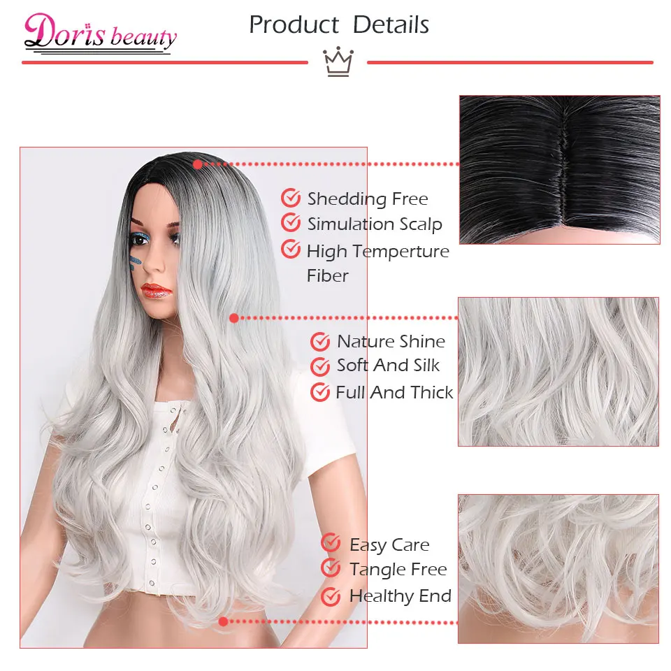 Peluca sintética larga ondulada de color gris para mujer Cosplay peluca marrón rojo negro Rubio fibra resistente al calor