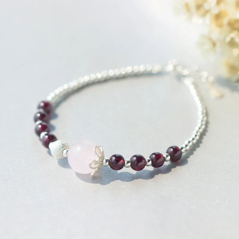 

Real. 925 Sterling Silver Jewelry Natural Rose Quartz Stone &Red Garnet with Lucky Round Bead Bracelet Charms GTLS335