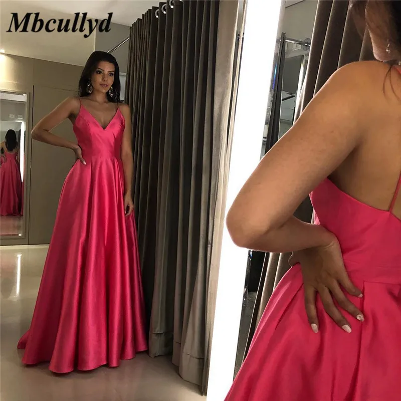 

Mbcullyd V-neck A-line Prom Dresses 2019 Sexy Spaghetti Strap Backless Formal Graduation Evening Dress For Women robe de soiree