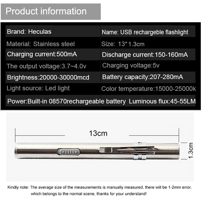 HECULAS USB Перезаряжаемый фонарик мощный мини светодиодный фонарь, подвесной светильник с зажимом из нержавеющей стали для активного отдыха