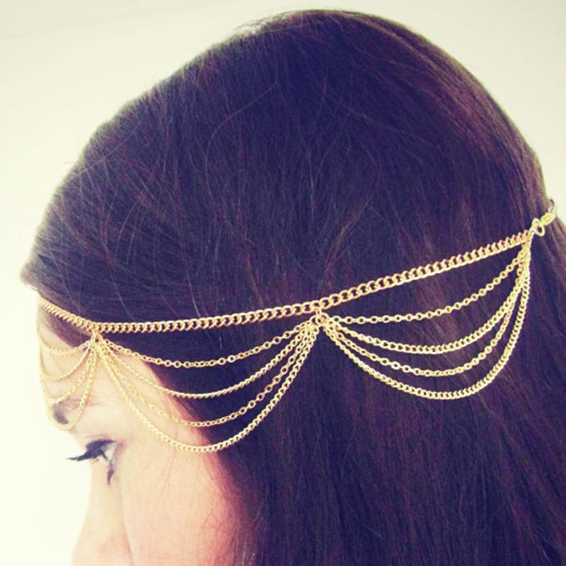Золотая Бохо цепочка на голову металлическая многослойная цепочка на голову ювелирные изделия кисточки аксессуары для волос модные головные уборы повязка для женщин