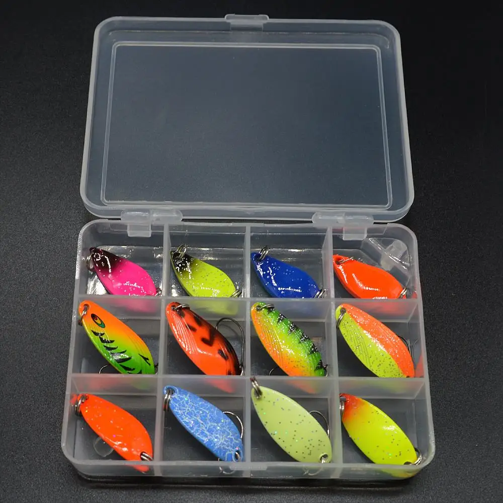 WLDSLURE 12pcs mixed 3g/4.5g/5g fishing box metal bait spoon lure set trout lure fishing tackle