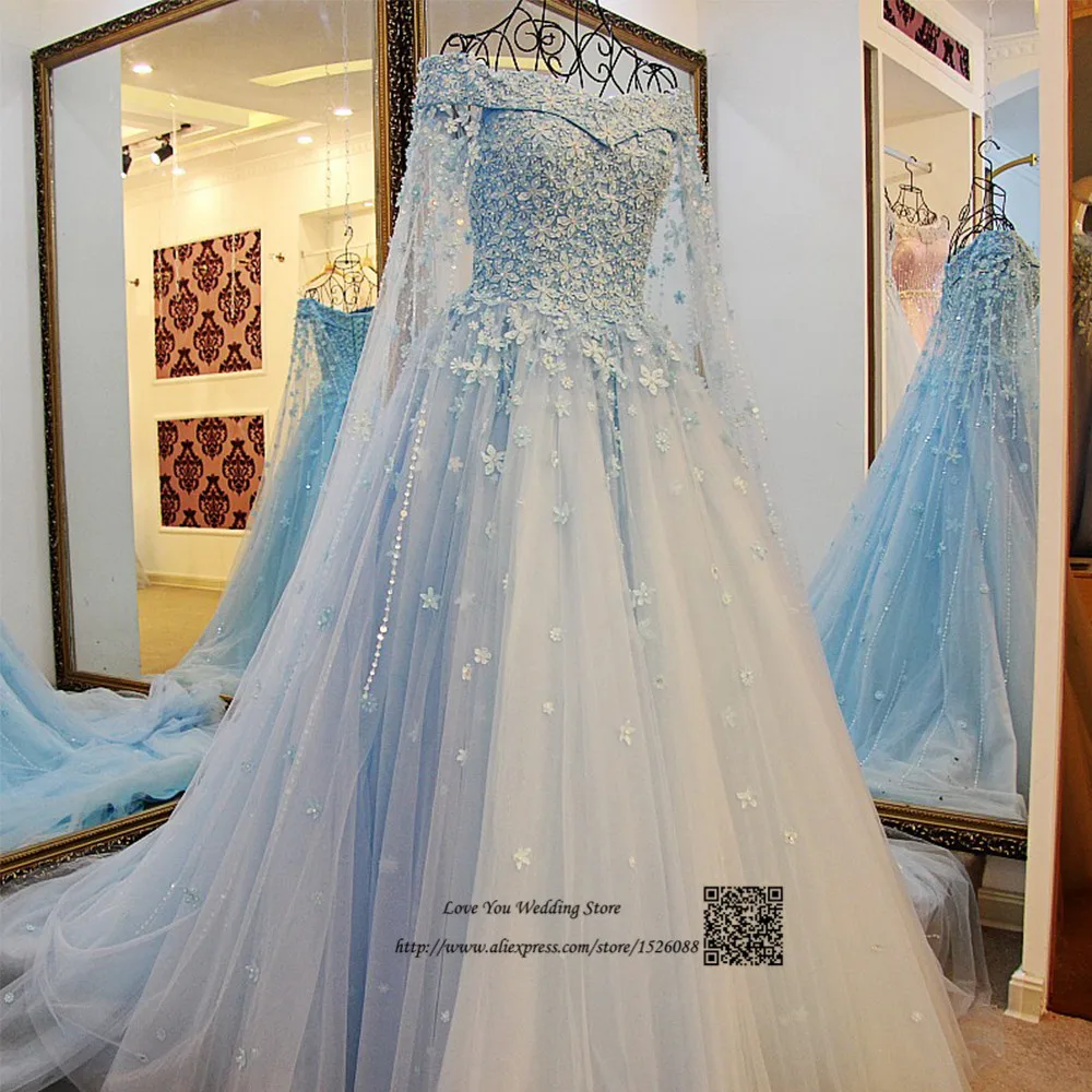 Blue Ivory Boho Wedding Dress Lace Flowers Saudi Arabia Wedding