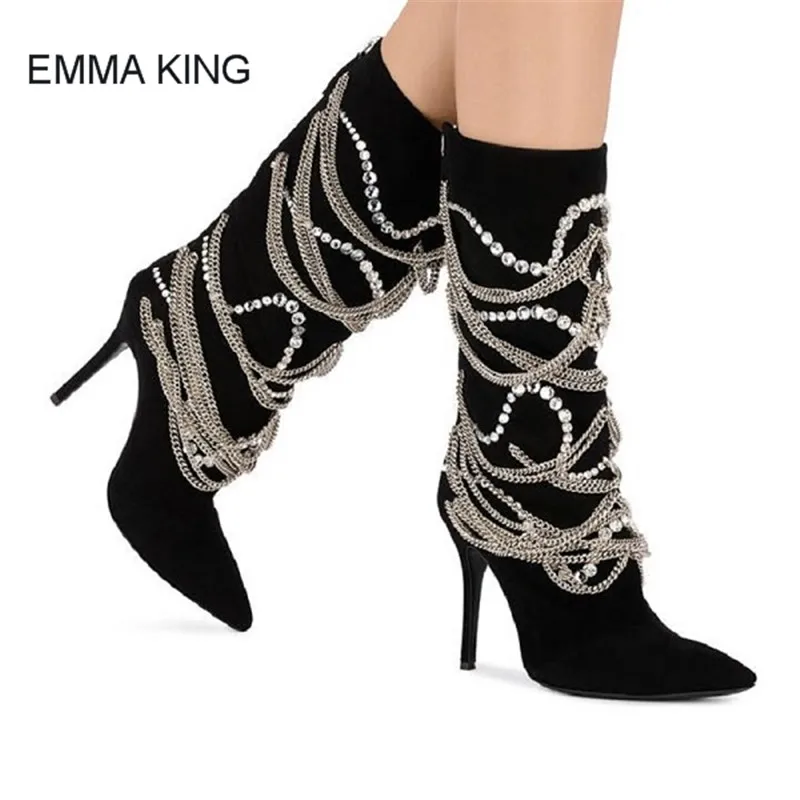 

EMMA KING Crystal Chain Knee High Boots Women Thin High Heels Pointed Toe Winter Warm Mujer Shoes Back Zipper Spato Feminino