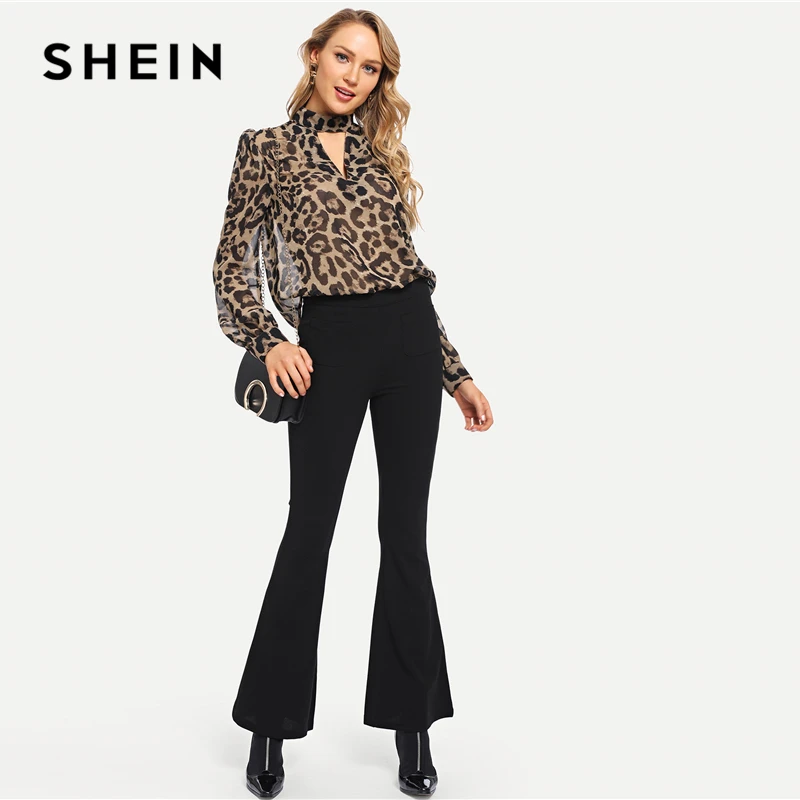 SHEIN многоцветная офисная женская блузка с воротником-чокер и леопардовым принтом, с вырезами, с длинным рукавом, осенняя рабочая одежда, модные женские топы и блузки