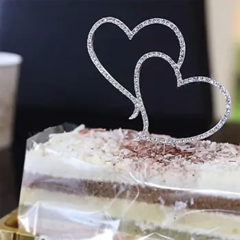 

New Romantic Crystal Rhinestone-studded Silver Double Heart Cake Topper Wedding Decoration
