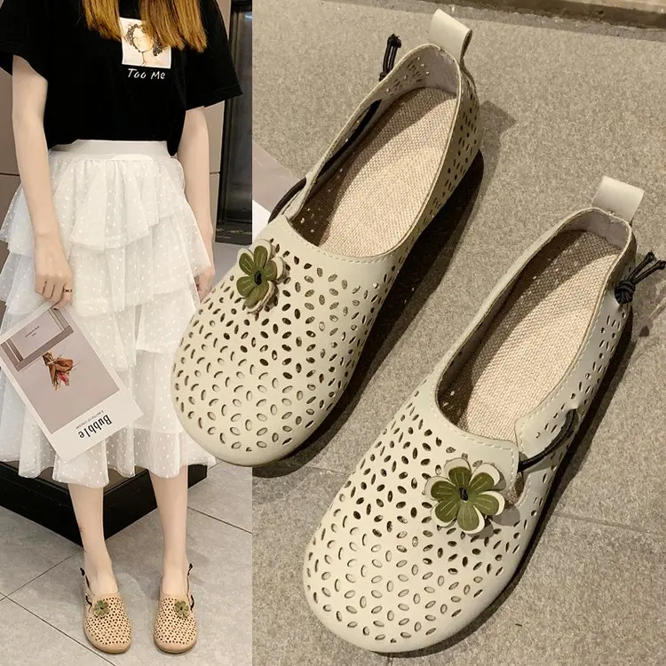 

2019 New Spring Summer Round Toe Hollow Out Casual Flower Flat Shoes Women Flower Flats Elegant Breathable Sandals Women Flats