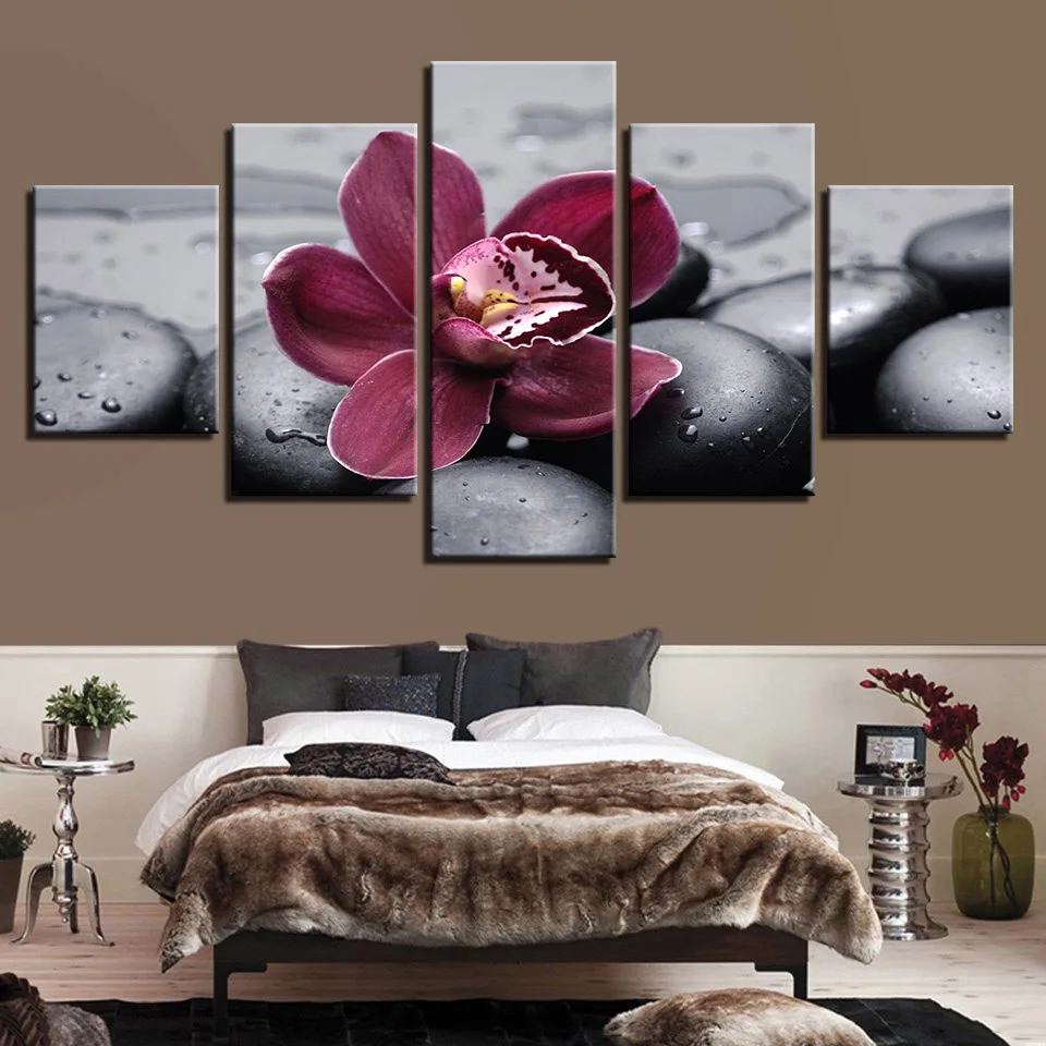 

Canvas HD Print Painting Modular Picture Wall Art 5 Panel Purple Orchid Black Pebbles Frame Poster Modern Home Decor Living Room
