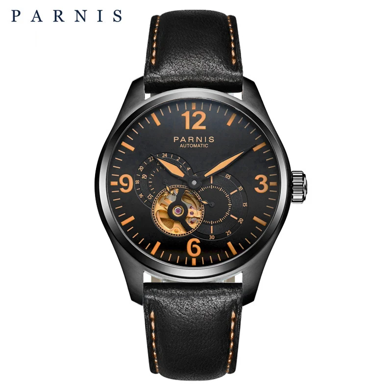 

2017 Issue Mens Skeleton Automatic Watches Parnis Brand LeatherYellow Luminous Markers Black Skeleton Mechanical Watch relogio
