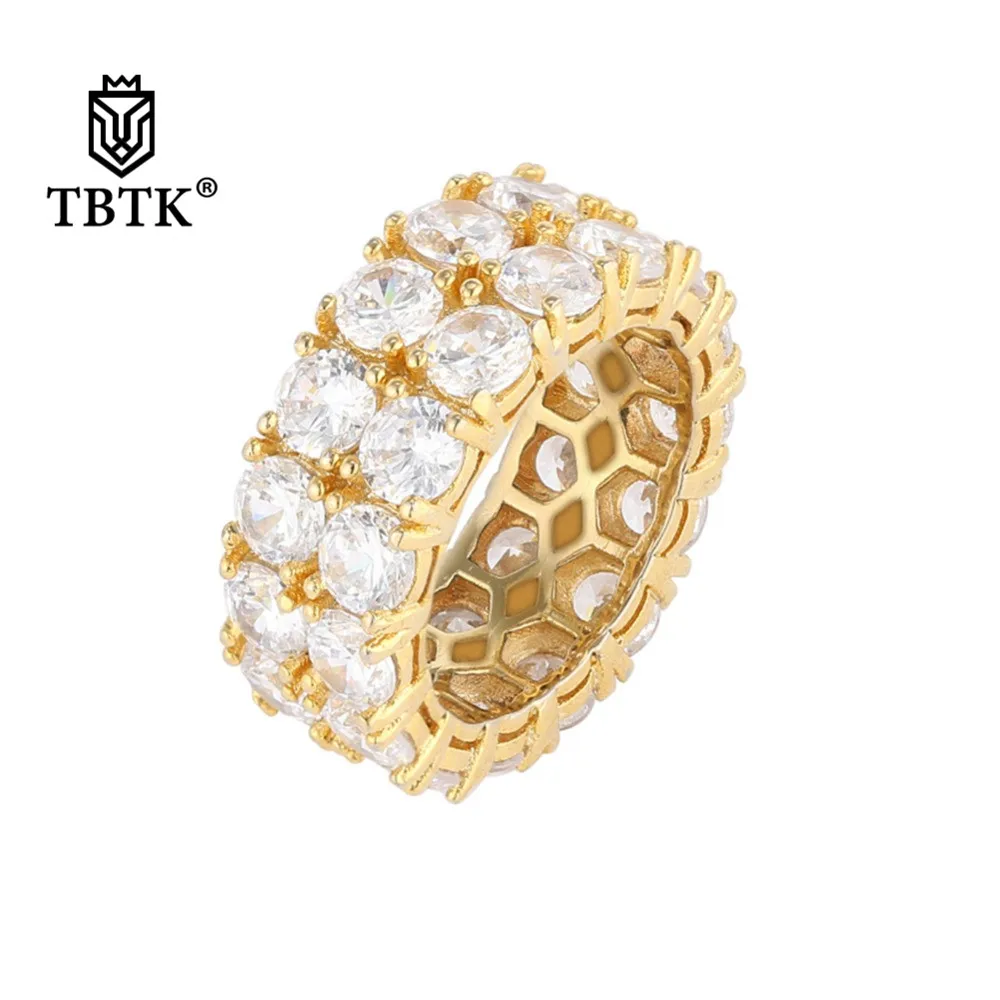 Best TBTK Two Row Ring Vacuum Paved Bling Iced Out Zircon Crystal Luxury Jewelry 7mm Width Ring Punk Style for Man Lover Gift Trendy