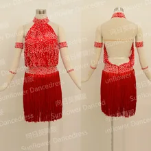 Латинский бахрома платье Румба Jive Chacha латинское платье для танцев бальное платье, Одежда для танцев латинское соревнование костюм платье Подсолнух для танцев