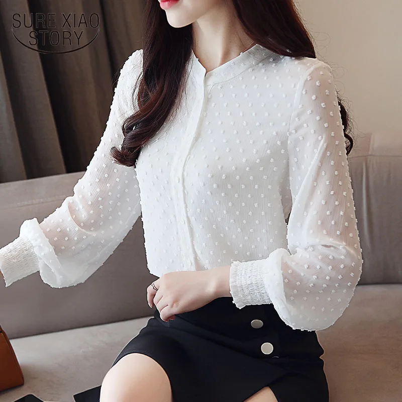 

2019 New arrived women shirt sweet female V collar wave point long-sleeved suntan women blouse Korean style OL blusa 0974 30