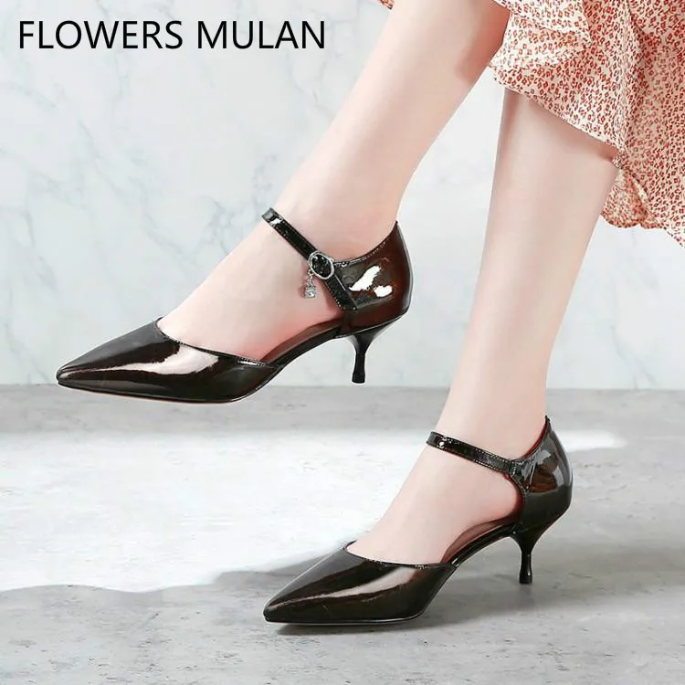 

Shiny Patent Leather Women Sandas Pointed Toe Mary Janes Shoes Women Chic Fretwork Gladiators High Heels Stiletto Zapatos Mujer