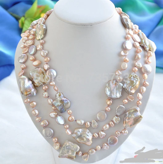 

NEW N666 3row 21" lavender coin rice baroque keshi freshwater pearl necklace