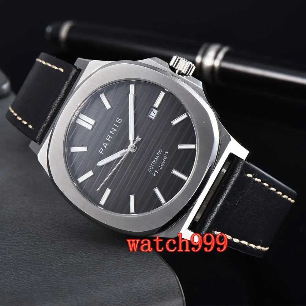 45 мм PARNIS светящиеся механические мужские часы Miyota сапфировое стекло кожаный ремешок черный циферблат Автоматические Мужские часы
