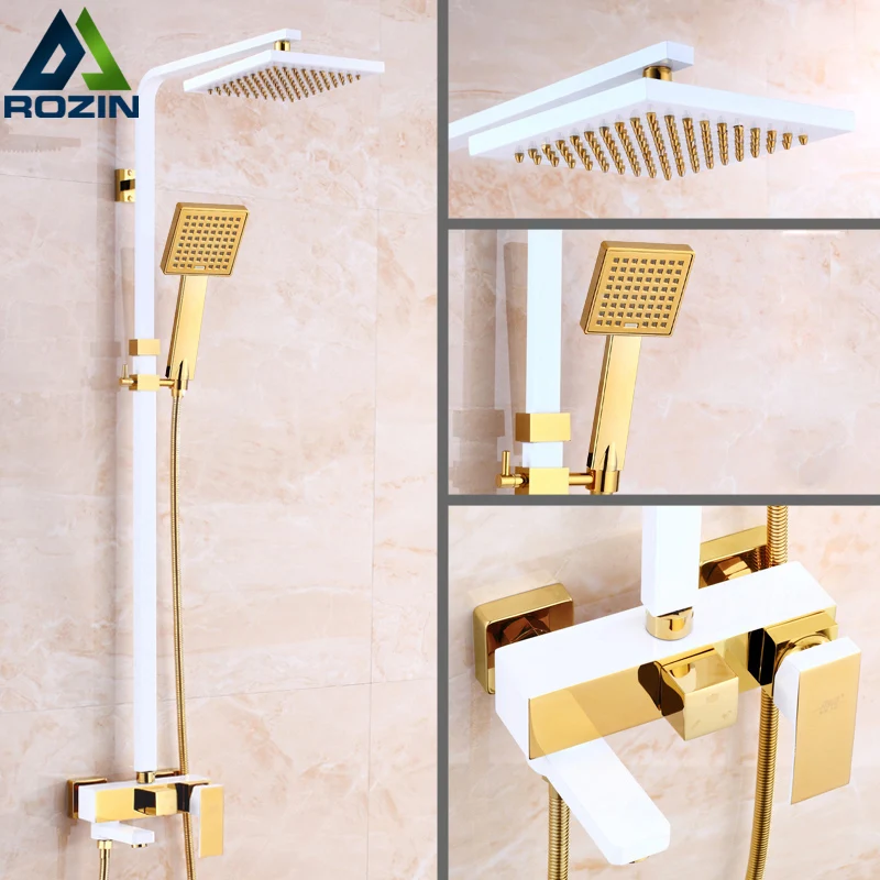 

Golden & White Square 8" Rainfall Bath and Shower Faucet Mixers with Handshower In-wall Rotatable Lifting Pipe Shower Taps