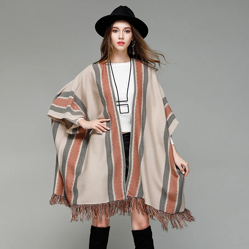 

Fall Winter Knitted Boho Fringe Half Sleeve Cardigan Shrugs for Women Cute Ladies Bohemian Tassel Striped Poncho Sweater Coat