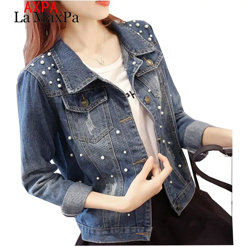 

La MaxPa Beading Denim jacket Women New Spring Autumn Slim 5XL Plus Size Denim jackets Ladies Fashion Overcoat Casual Coat