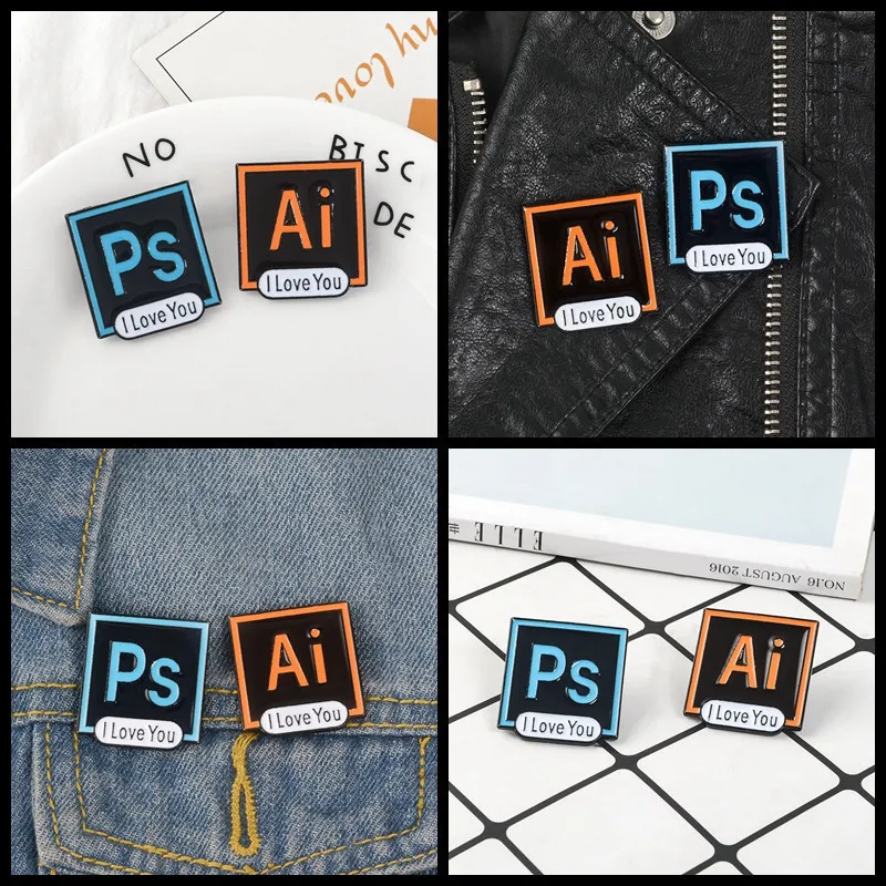 

1PCS Exquisite Software icon Illustrator Photoshop Pins I Love You Brooch Toolbar Lapel Pin AI PS Enamel Pins Brooches wholesale