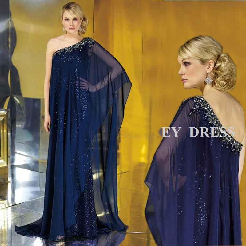 New Arrival Dubai Kaftan Chiffon One Shoulder Arabic Evening Dress 2015 Robe De Soiree Long Prom Dresses Dark Blue | Свадьбы и