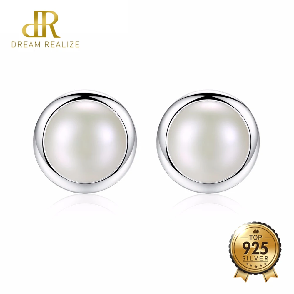 

DR Fashion Brand Jewelry 925 Sterling Silver Real Big White Freshwater Pearl Stud Earrings for Women Party Wedding Accessories