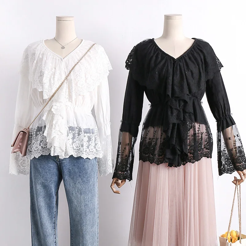  Young Gee White Black Sheer V-neck Ruffles Tops Women Long Sleeve Blouses Vintage Sexy Mesh Floral 