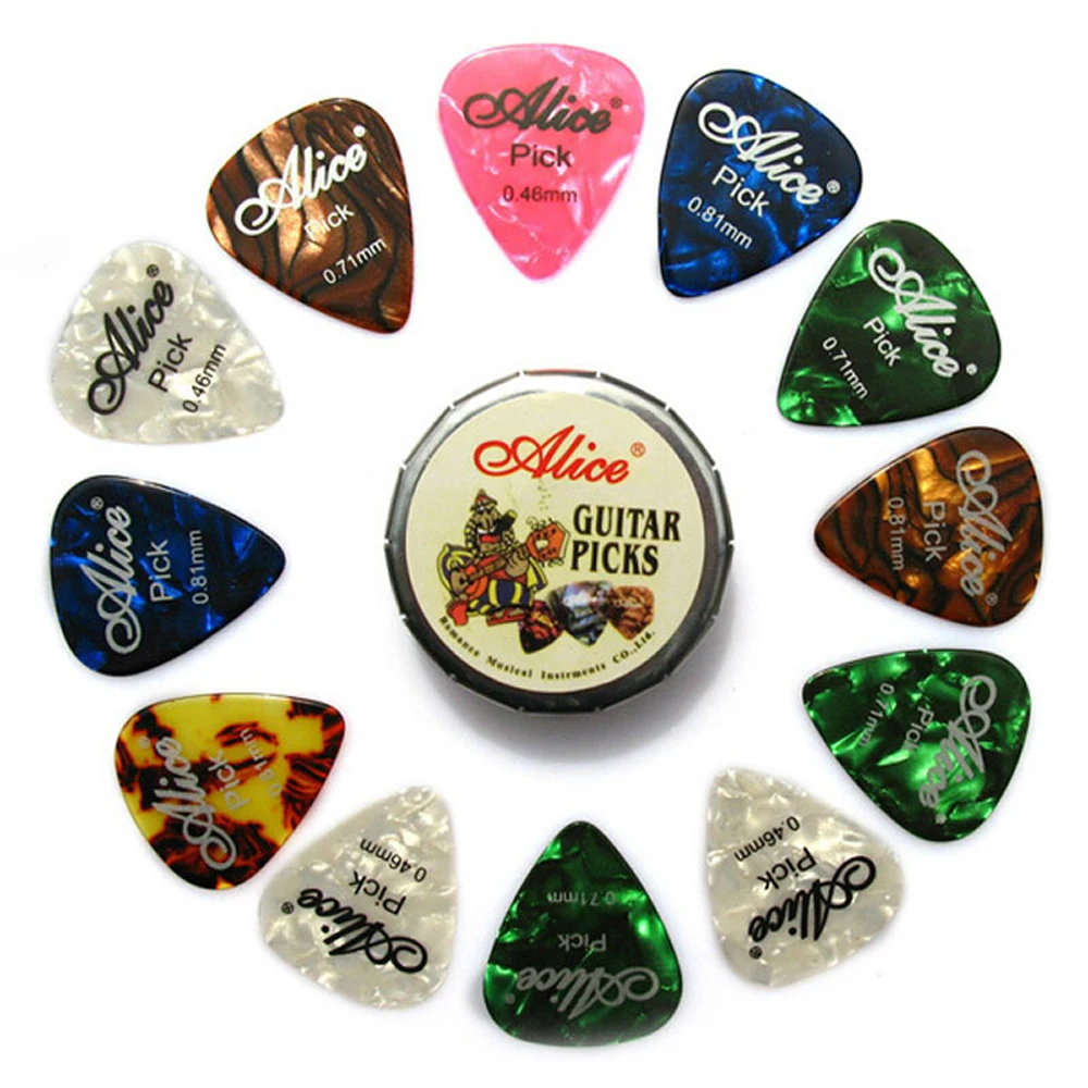 

Guitar Picks Alice Celluloid Mini Cute Round Tin 12pcs Plectrum Palhetas With Round Metal Picks Box Case 20