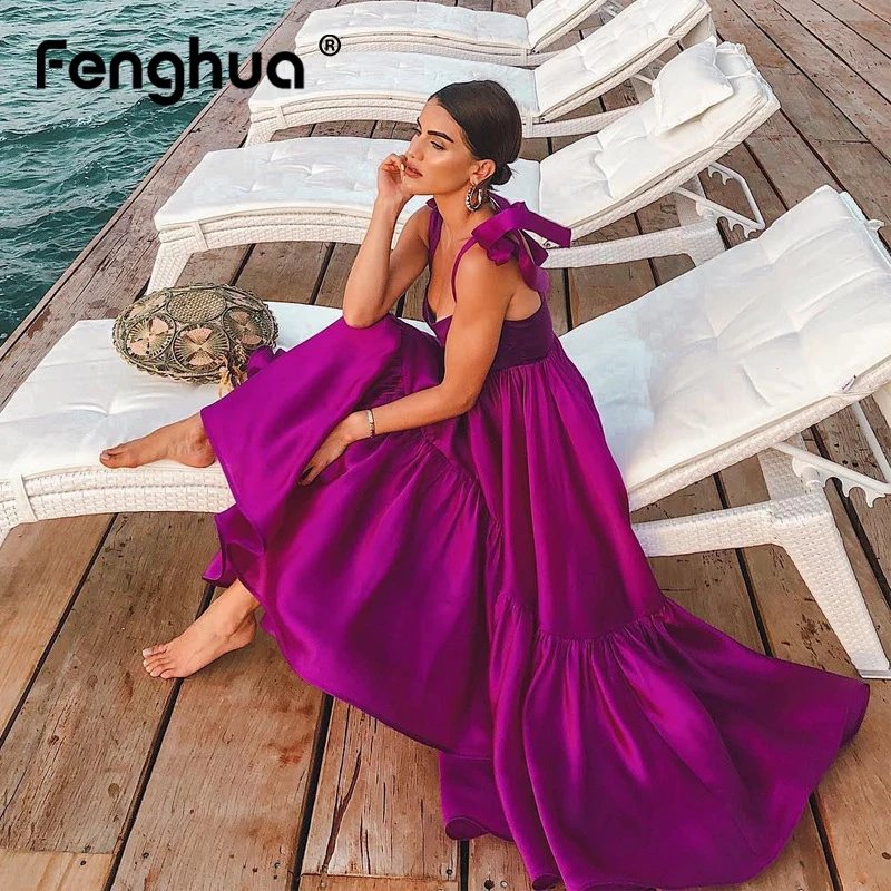 

Fenghua Women Dress Summer 2019 Casual Sexy Spaghetti Strap Long Party Dress Boho Backless Bow Ruffle Maxi Dress Female 2XL