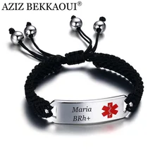 AZIZ BEKKAOUI гравировка медик тег черный плетеный кожаный медицинский предупреждение браслет диабет Веревка Цепь браслеты из нержавеющей стали