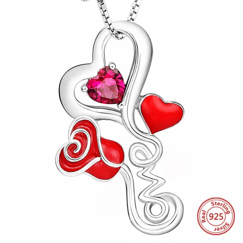 

New 100% 925 Sterling Silver Red Heart Blossom Rose Flower Pendants & Necklaces Women DIY fashion Jewelry for Wedding gifts