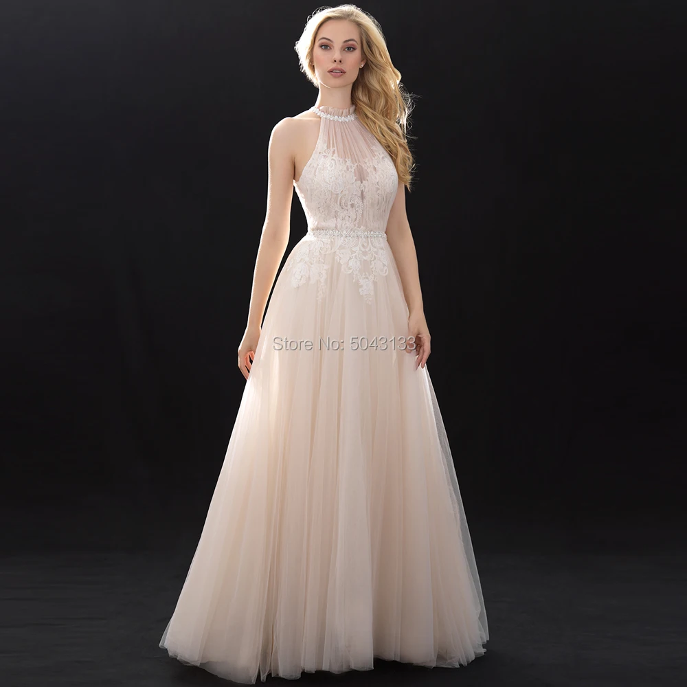 

Halter High Neck Lace Tulle Wedding Dresses with Beaded Sash 2019 Off Shoulder Floor length Bridal Gowns Champagne Wedding Dress