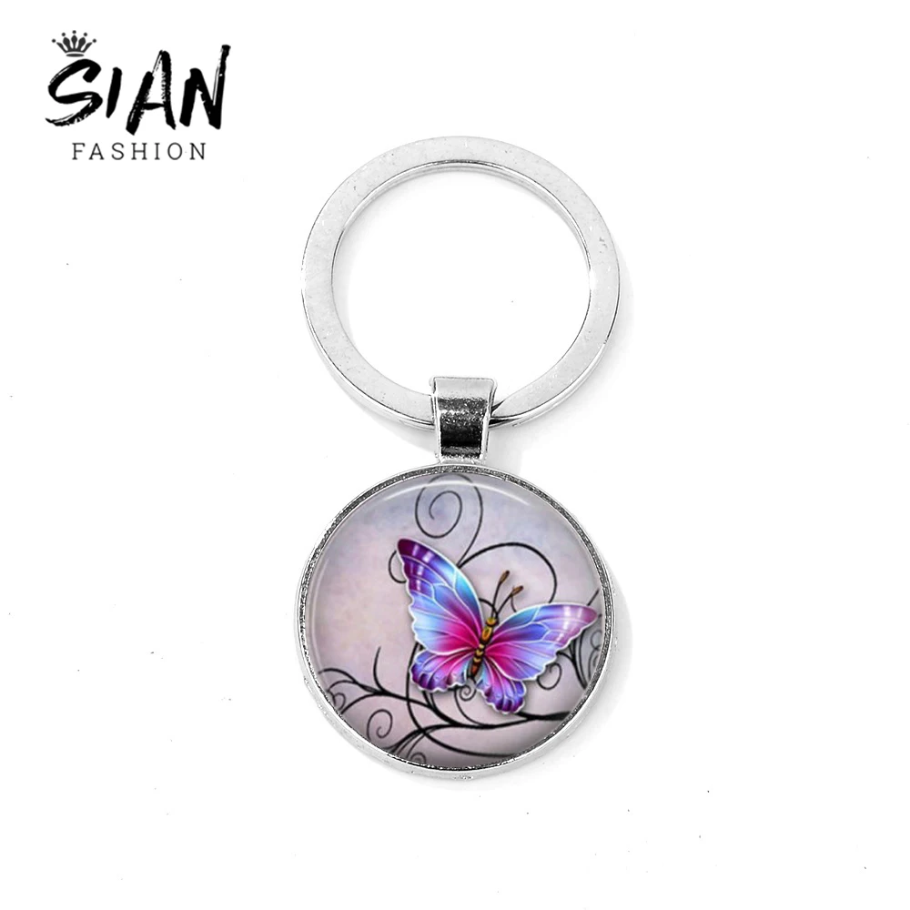 

SIAN Trendy Butterfly Keychain Silver Plated Art Painting Glass Cabochon Alloy Key Ring Women Bag Charm Car Accessories Llaveros