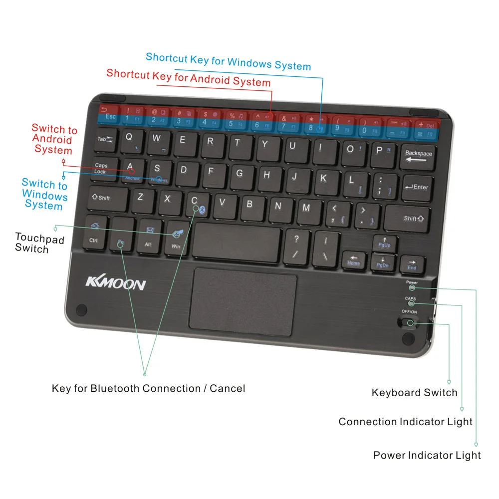 KKMOON 59 клавиш ультра тонкая мини Bluetooth клавиатура с сенсорной панелью для Android для Windows pc планшет смартфон