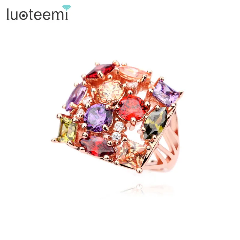 

LUOTEEMI Luxury Trendy Rose Gold-Color-Colorful Cubic Zirconia Micro Paved Big Size Bands Wedding Party Rings for Women