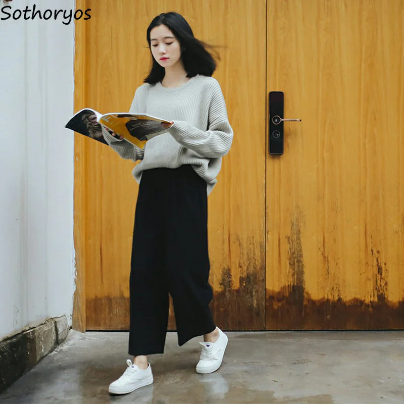 

Pants Women High Waist Solid Simple All-match Wide Leg Pant Korean BF Womens Ulzzang Trendy Loose Trousers Students Sweet Chic
