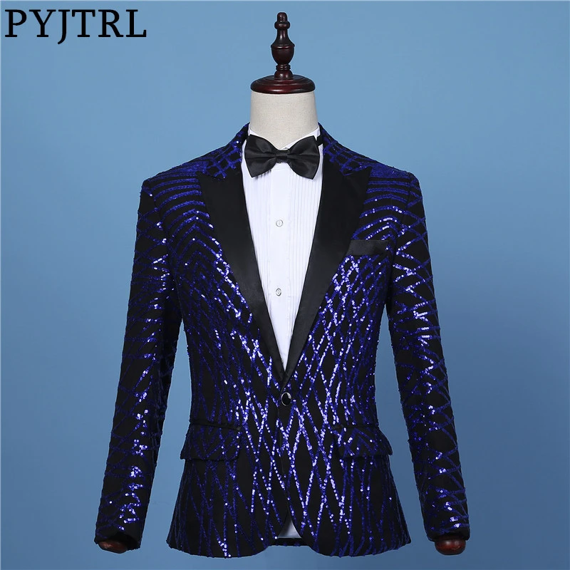 

PYJTRL Mens Fashion Black Royal Blue Geometry Sequins Blazer Stage Show DJ Bar Singers Slim Fit Suit Jackets Prom Costume Coat