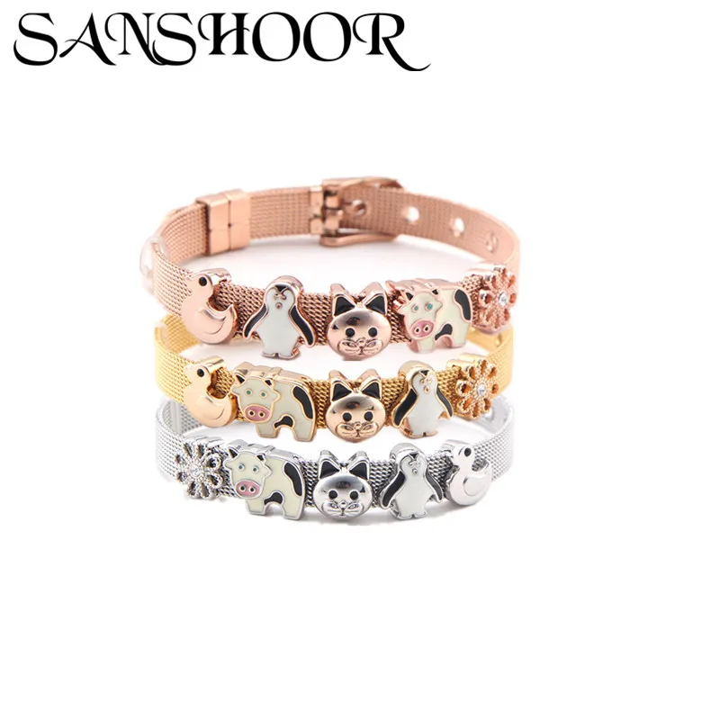 

SANSHOOR Fashion Mesh Bracelet Bangle Stainless Steel with Cartoon Animals Penguin Cow Cat Duck and Flower Charms For Women Kids