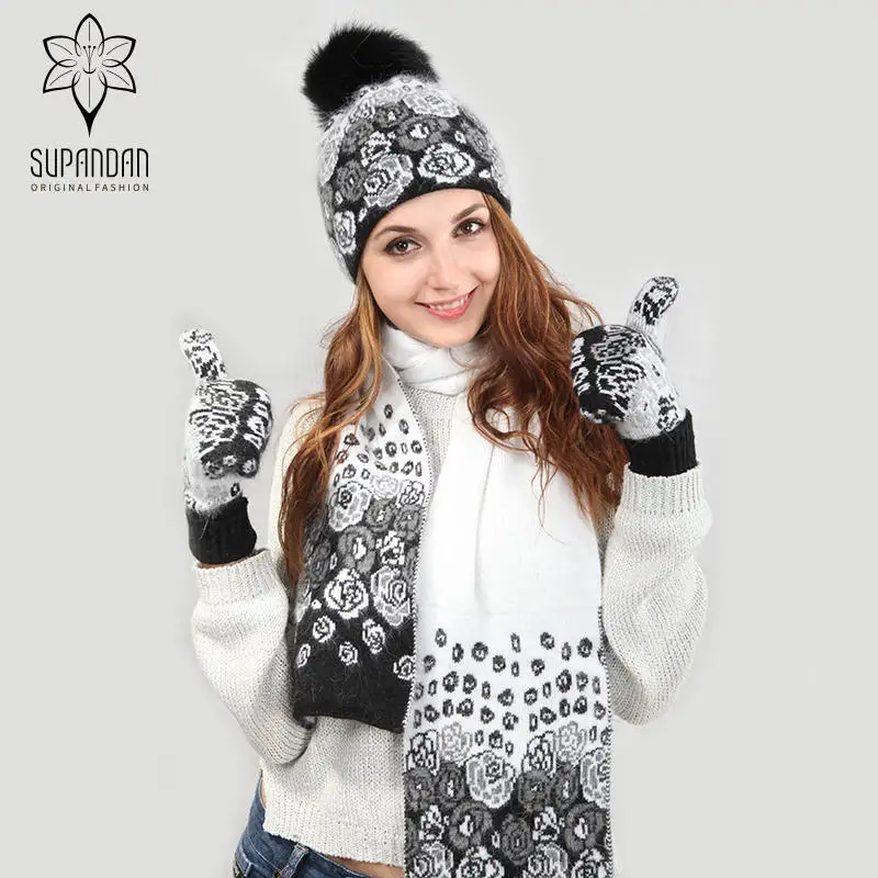 SUPANDAN Warm Knitted Scarf Hat Gloves Set Black White Thick Jacquard