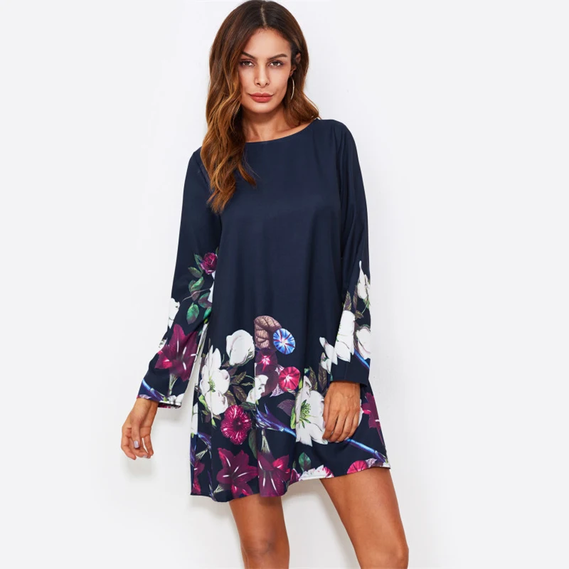 

Summer Fall Dress Flower Print Flowy Dresses Navy Boat Neck Long Sleeve A Line Dress Autumn 2018 Casual Womens O-neck Dress