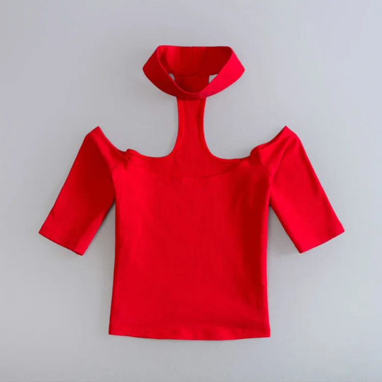 С открытыми плечами Холтер-шеи чокер с коротким рукавом блуза с завязками Crop футболки Мода хипстер сексуальные Обрезанные Твердые хлопковые майки футболка - Цвет: Красный