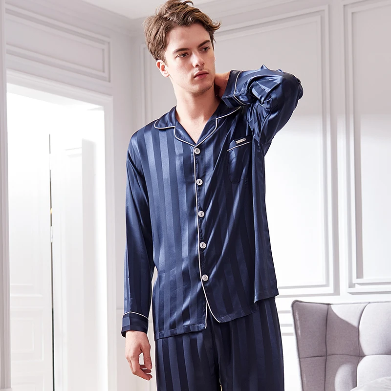 Xifenni Faux Silk Pajamas Male 2020 Autumn New Silky Ice Silk Sleepwear Man Long-Sleeve Fashion Striped Pajama Sets 9004 Xifenni Faux Silk Pajamas Male 2020 Autumn New Silky Ice Silk Sleepwear Man Long-Sleeve Fashion Striped Pajama Sets 9004