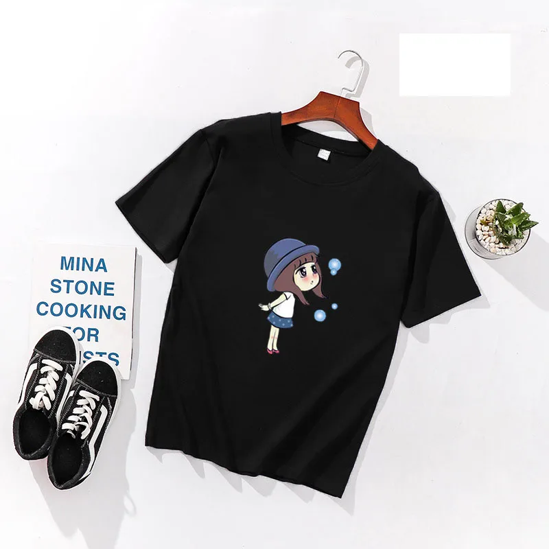 

Little Girl Print Women T shirts Spring Summer Short Sleeve O Neck Cotton Spandex Women Tops Tees Slim Fit Women T-shirts