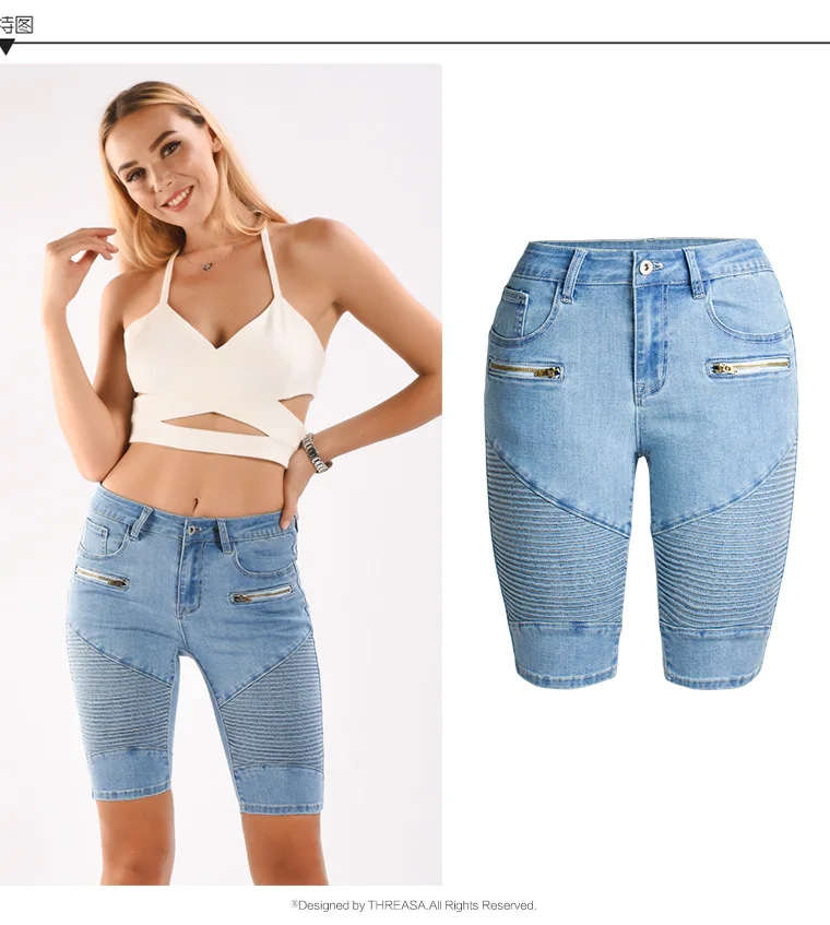 Moto Biker Jeans Women Knee Length Streetwear Skinny Denim Pants Mujer Summer Pleated Cowboy Vaqueros Mujer Womens Clothing