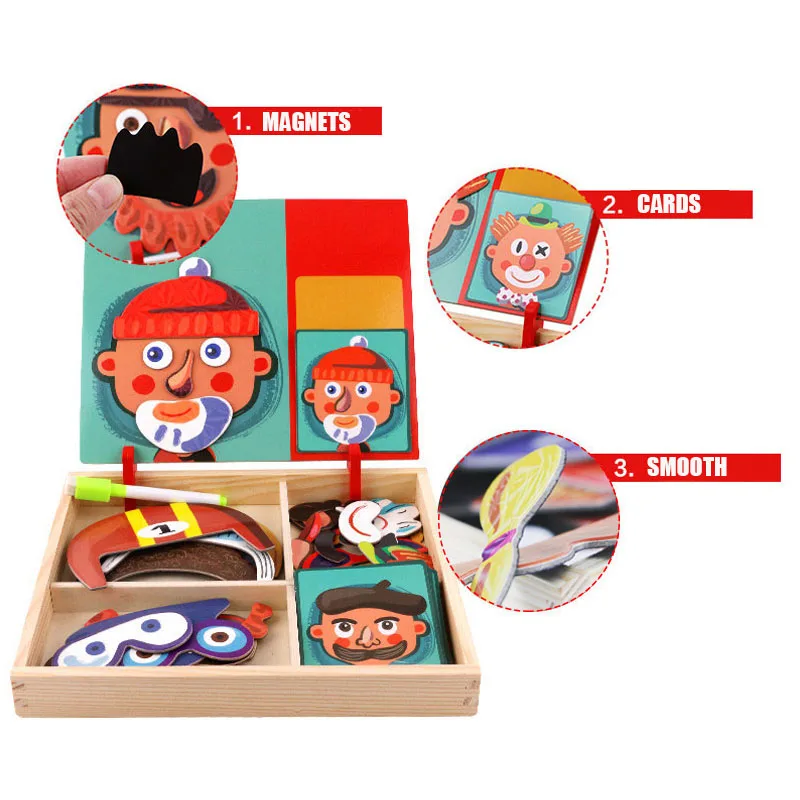 Educativos de Madeira para Crianças Montessori Brinquedos Placa Crianças Juguetes 2 In1 3d Puzzles Face & Prancheta Magnética Ímã 6 Brinquedos p/ desenhar