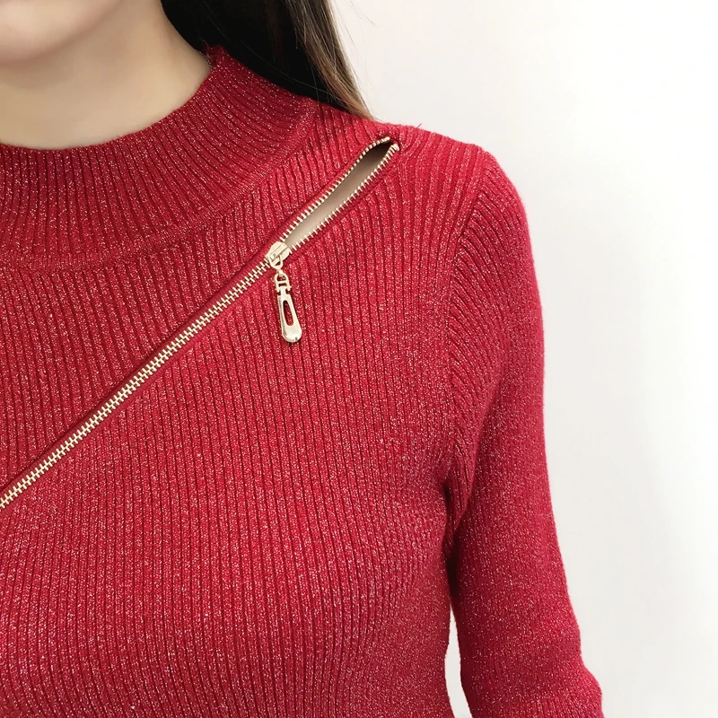 Shiny Lurex Half Turtleneck Women Sweater And Pullover Zipper Basic Sweaters Autumn Winter Korean Solid Knit Tops Jumper Femme