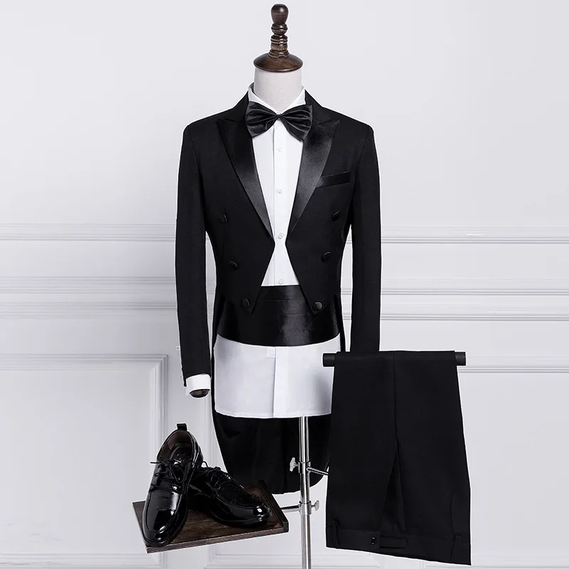 

Mens Classic Black White Shiny Lapel Tail Coat Tuxedo Wedding Groom Stage Singer Suits 4 Pcs Set