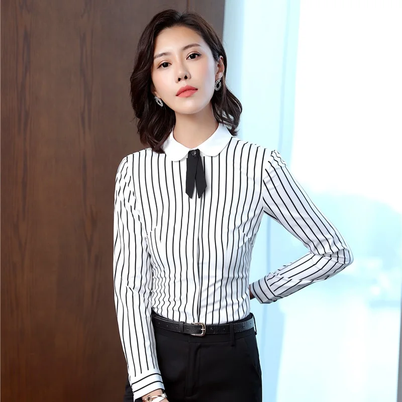 

Fashion Striped Elegant Long Sleeve Formal Blouses & Shirts for Women Business Work Wear Blouse Fall Autumn Clothes With Tie