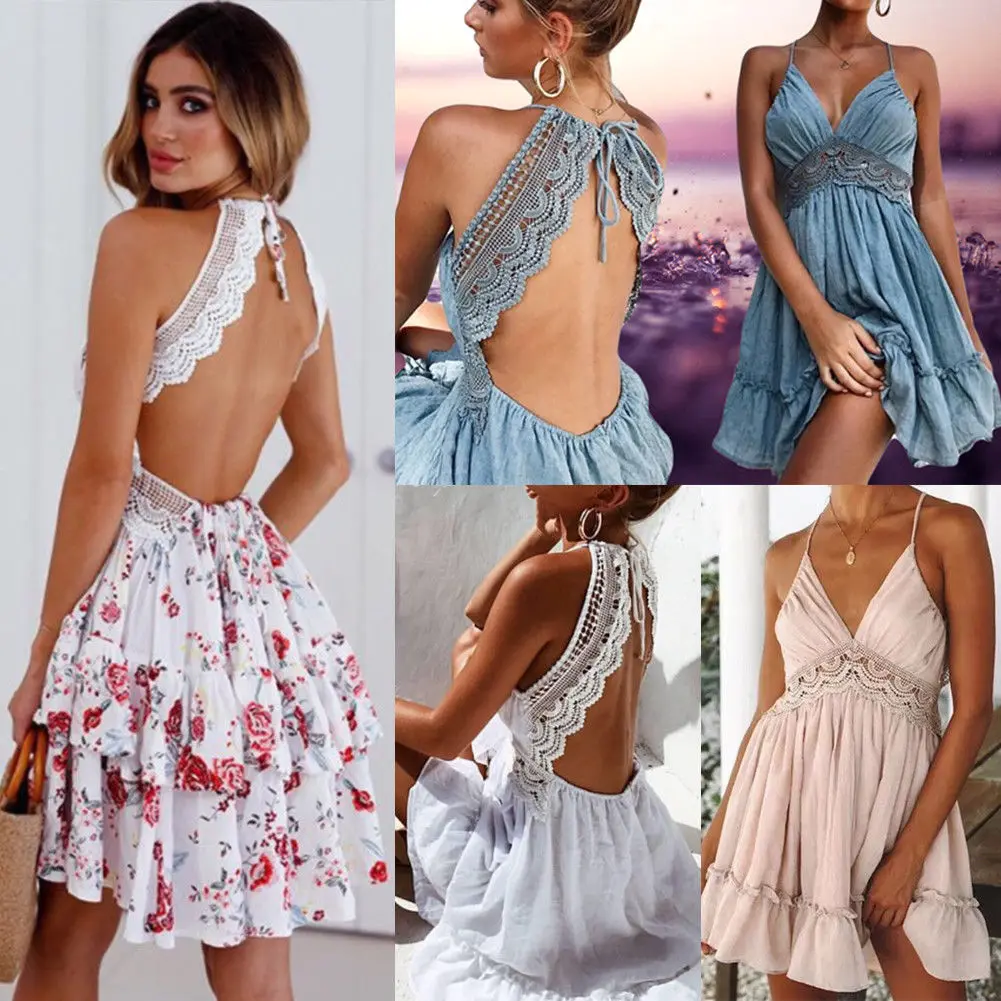 

Women Summer Floral Lace Short Mini Dress Evening Party Beach Backless Dress Sundress Elegant Female Vestidos